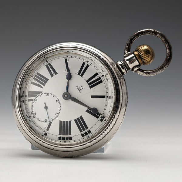 Circa 1905 Antique Omega Pocket Watch Silver Side Diameter 59mm Railroad Watch Good Working Condition